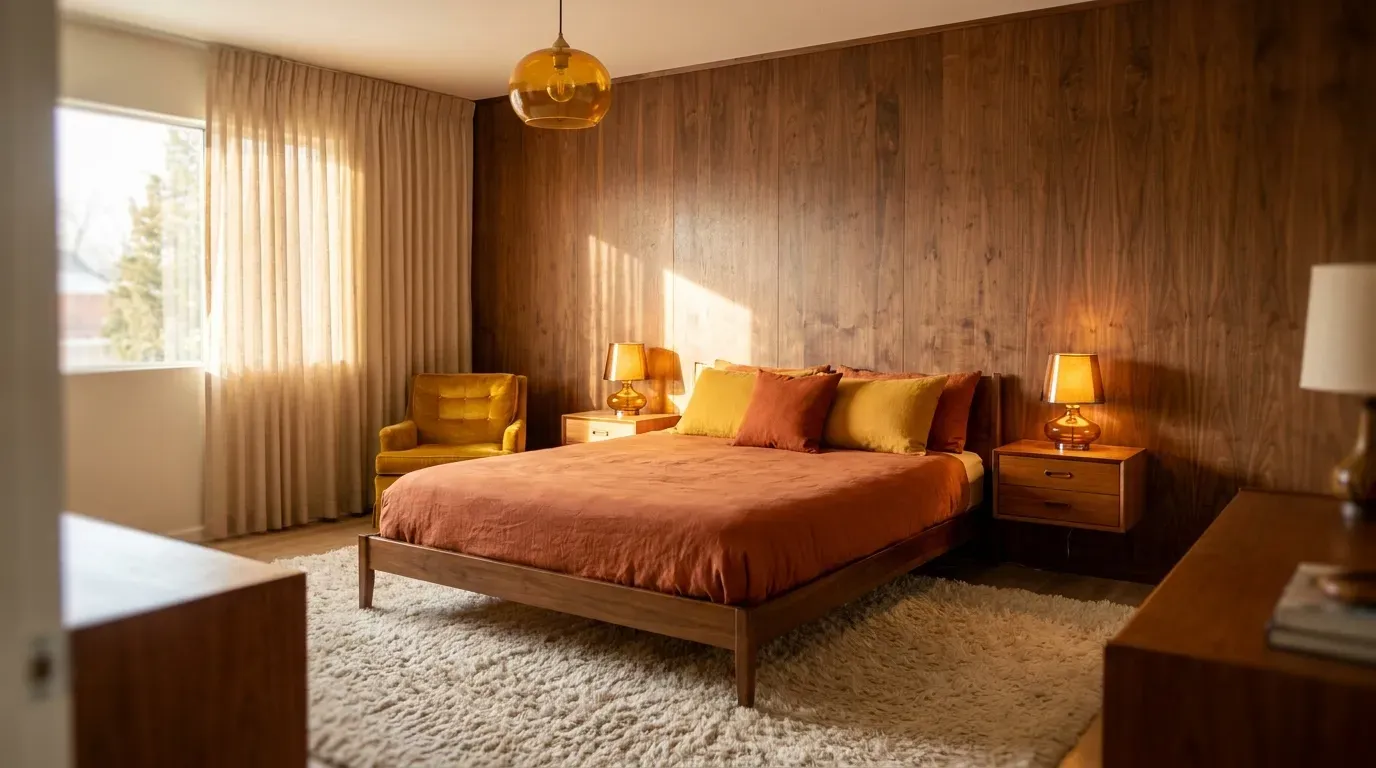 wide shot of a chic retro bedroom with mid-century walnut furniture and warm colors
