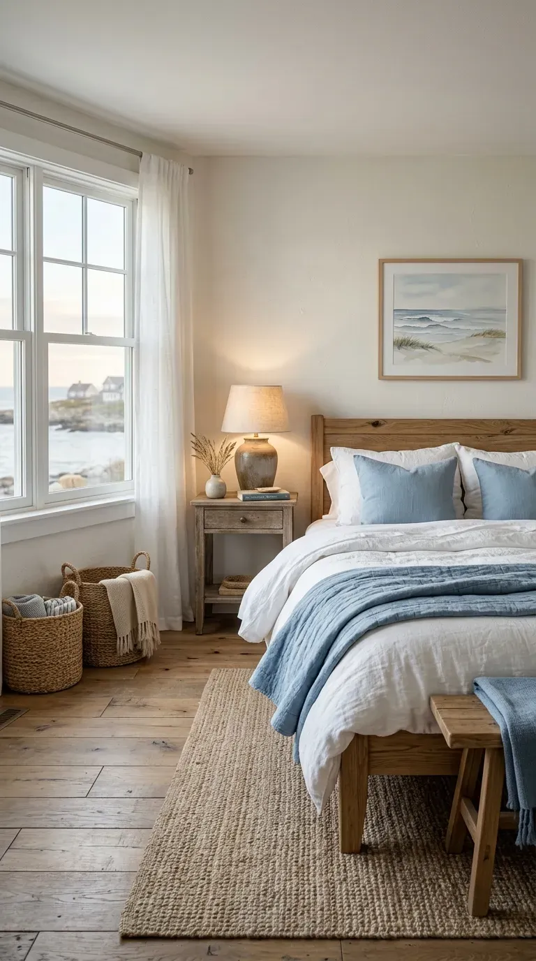 Coastal Cottage Design: 10 Stylish Ideas to Create a Relaxed Seaside Home 5 Coastal cottage bedroom with white bedding soft blue accents and natural wood furniture.