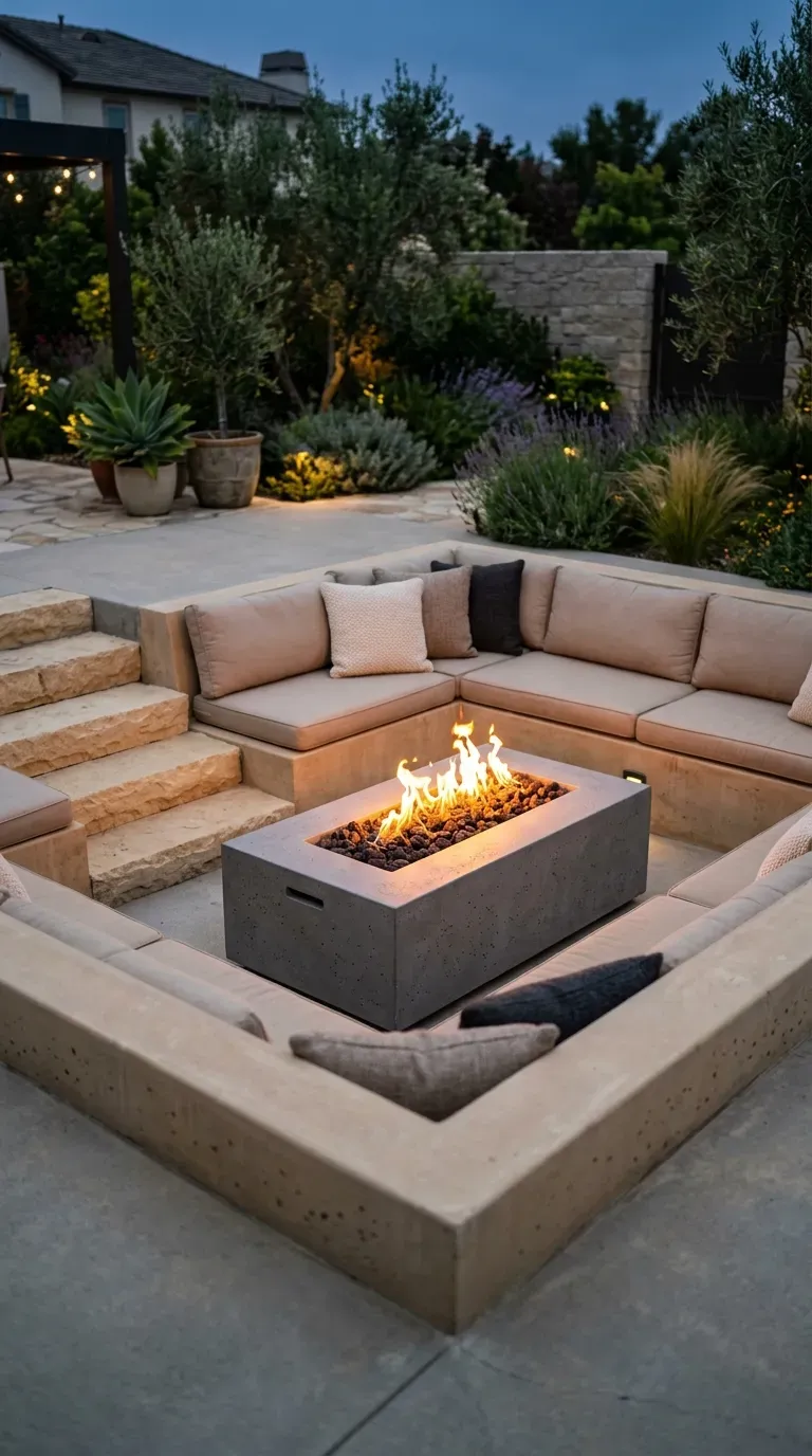 modern sunken patio conversation pit with built-in cushions and central concrete fire table