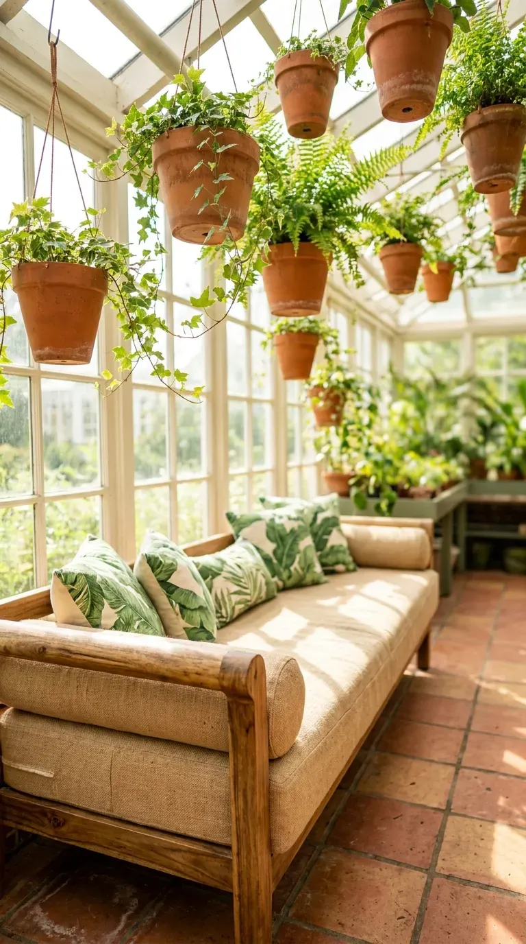 wooden daybed in a glass sunroom surrounded by hanging terracotta planters