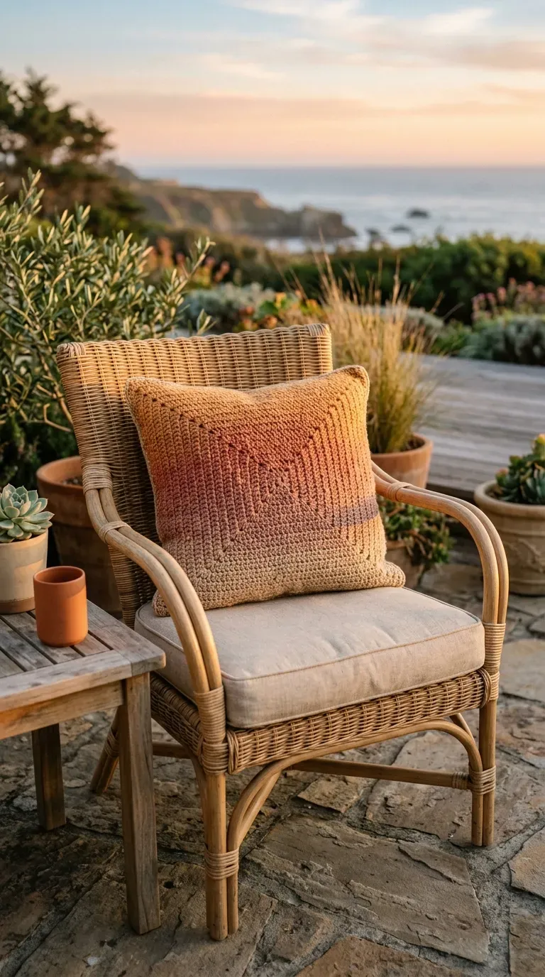 crochet linen pillow cover in sunset ombre tones styled on a wicker patio chair