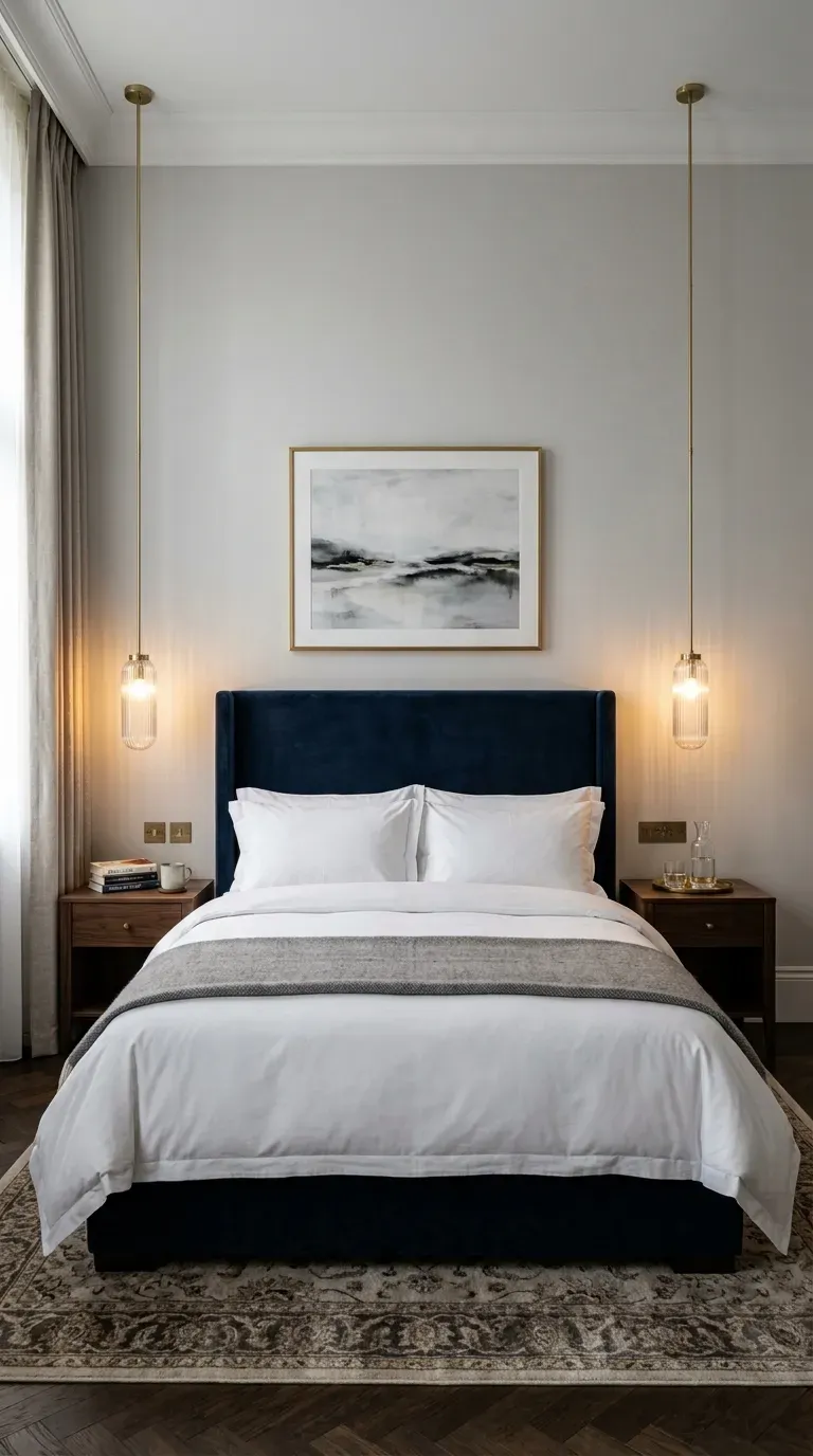 Sleek glass pendant lights hanging over modern bedroom nightstands