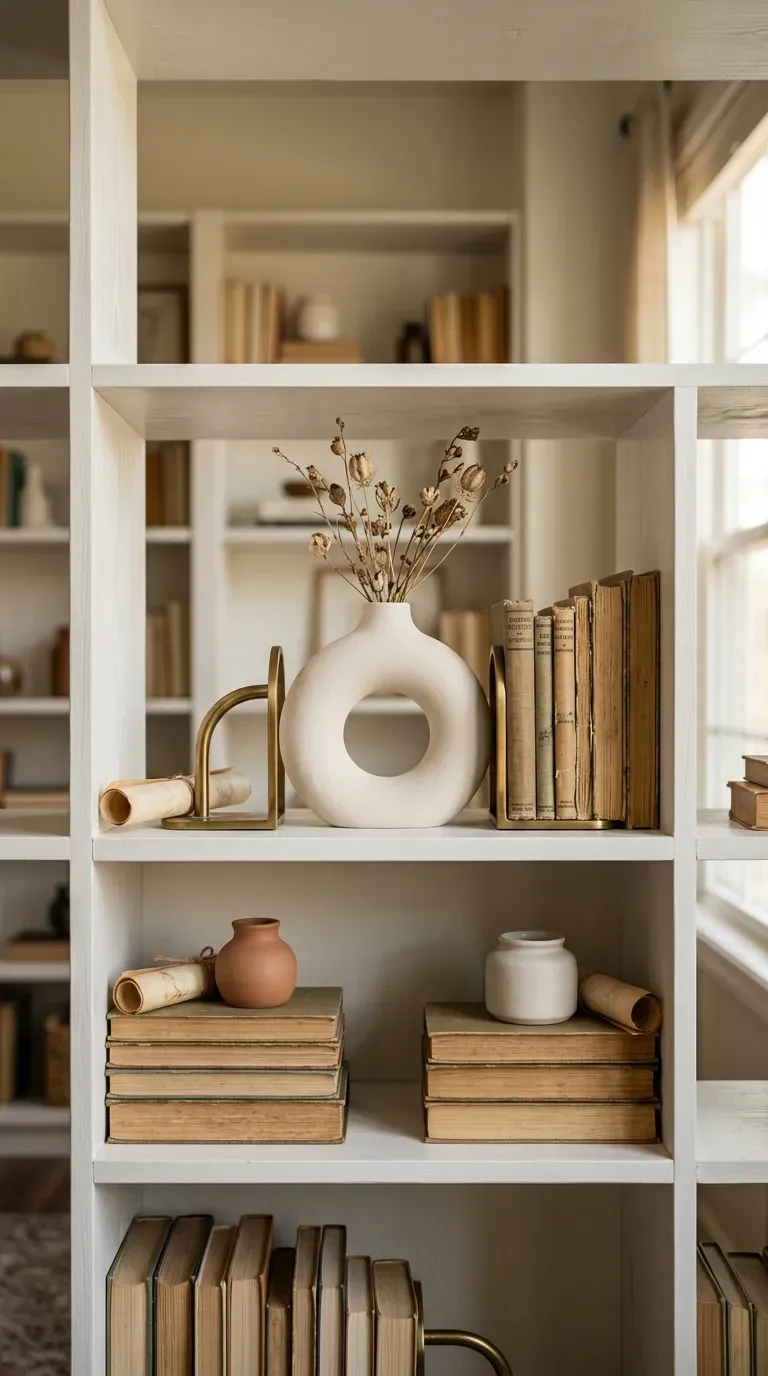 symmetrically styled wooden bookshelves featuring vintage books and modern ceramic pottery