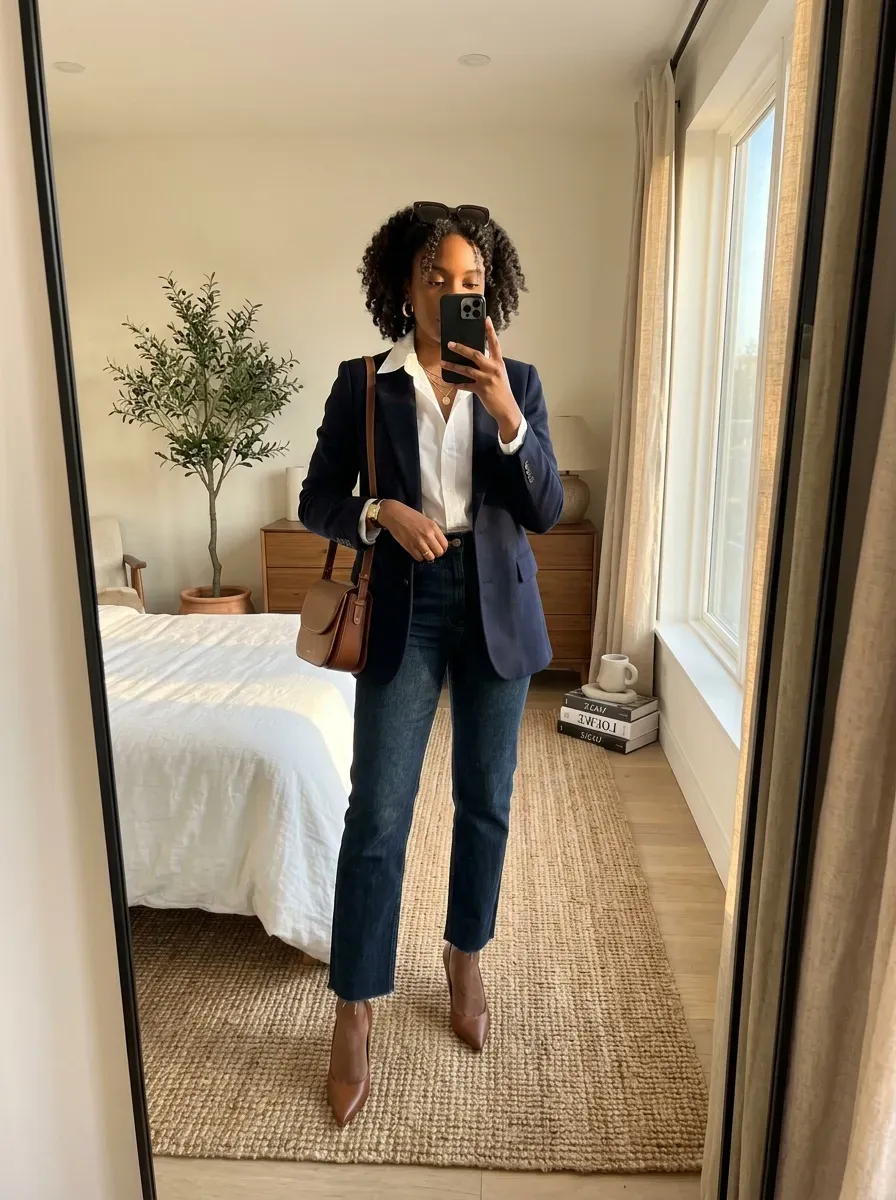 Black woman wearing a tailored blazer with straight-leg denim for a classy casual outfit.