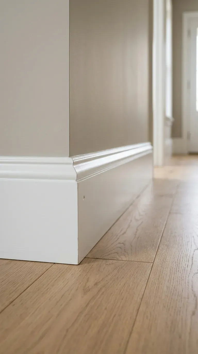 tall white baseboard with decorative cap molding along hardwood floor in living room