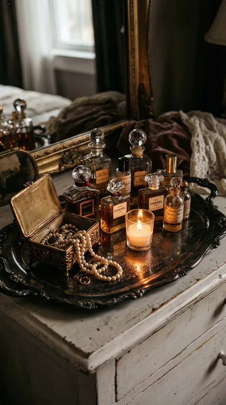 Tarnished vintage silver tray holding glass perfume bottles on a vanity