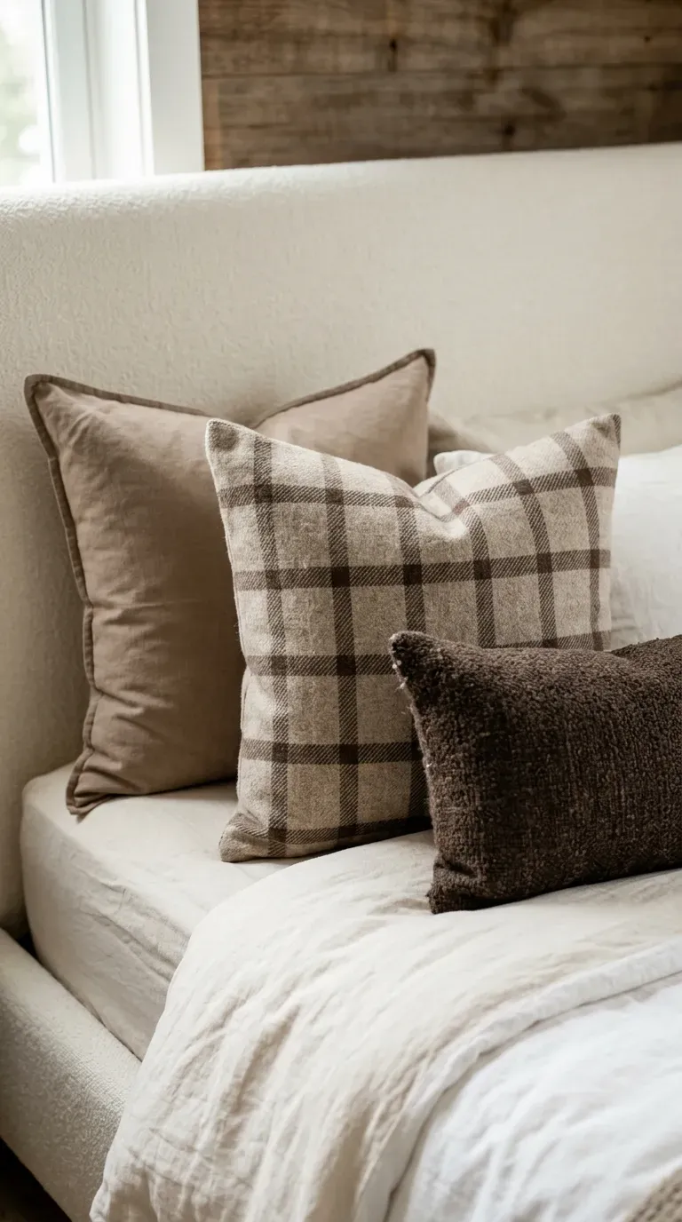 13 Genius Brown Bedroom Ideas You Will Want to Copy ASAP 7 curated mix of taupe and mocha plaid decorative throw pillows on a bed
