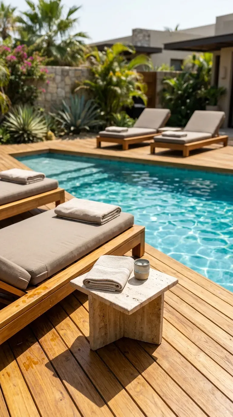 pair of low-profile teak chaise lounges with taupe cushions next to sparkling pool water