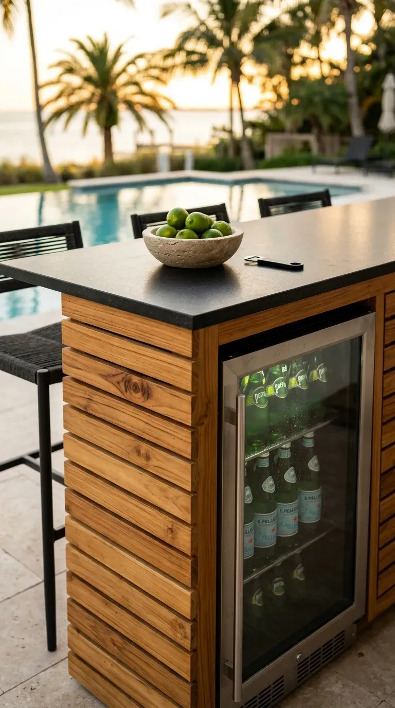 teak wood slatted outdoor bar island with glass door beverage fridge and barstools