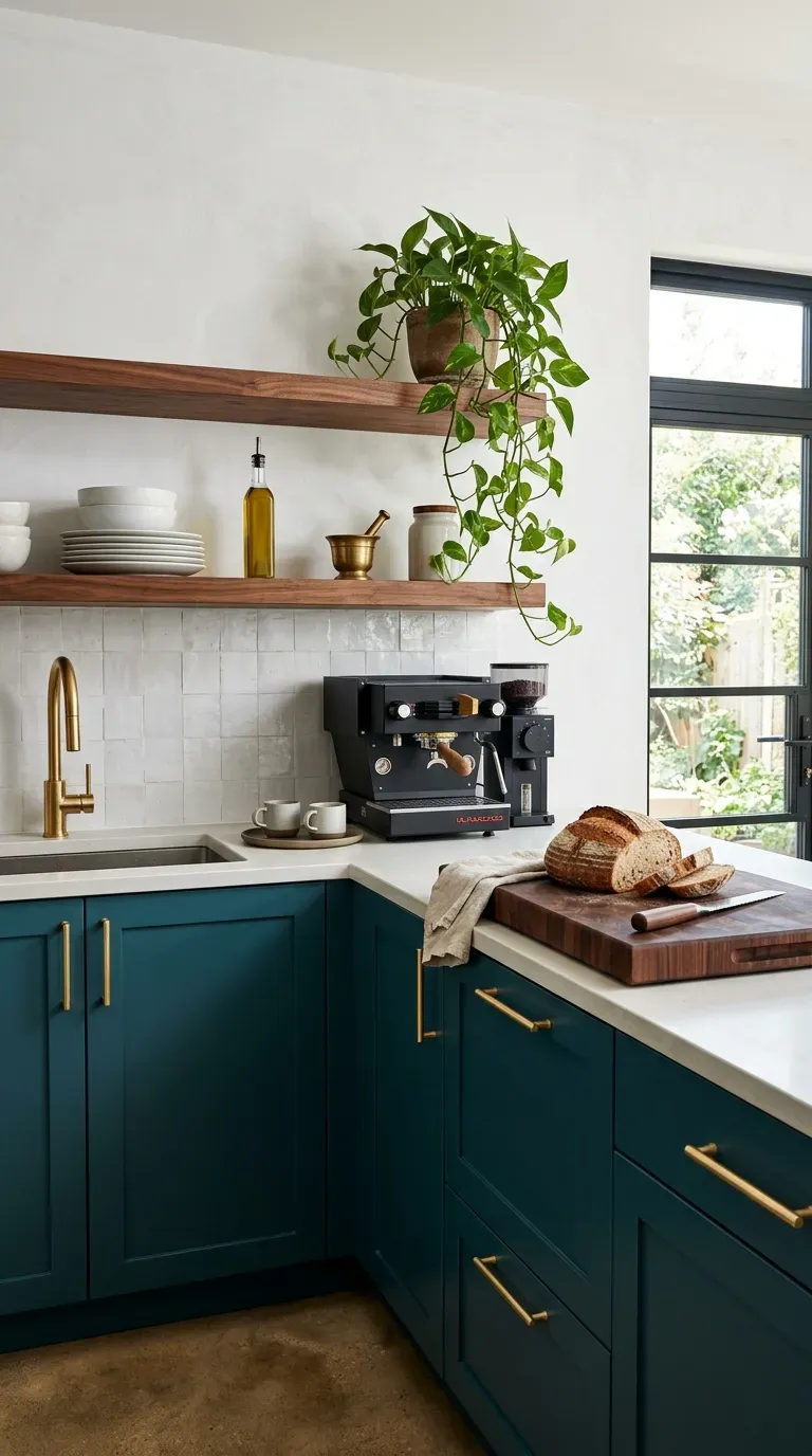 Dark teal lower kitchen cabinets with natural walnut upper shelving