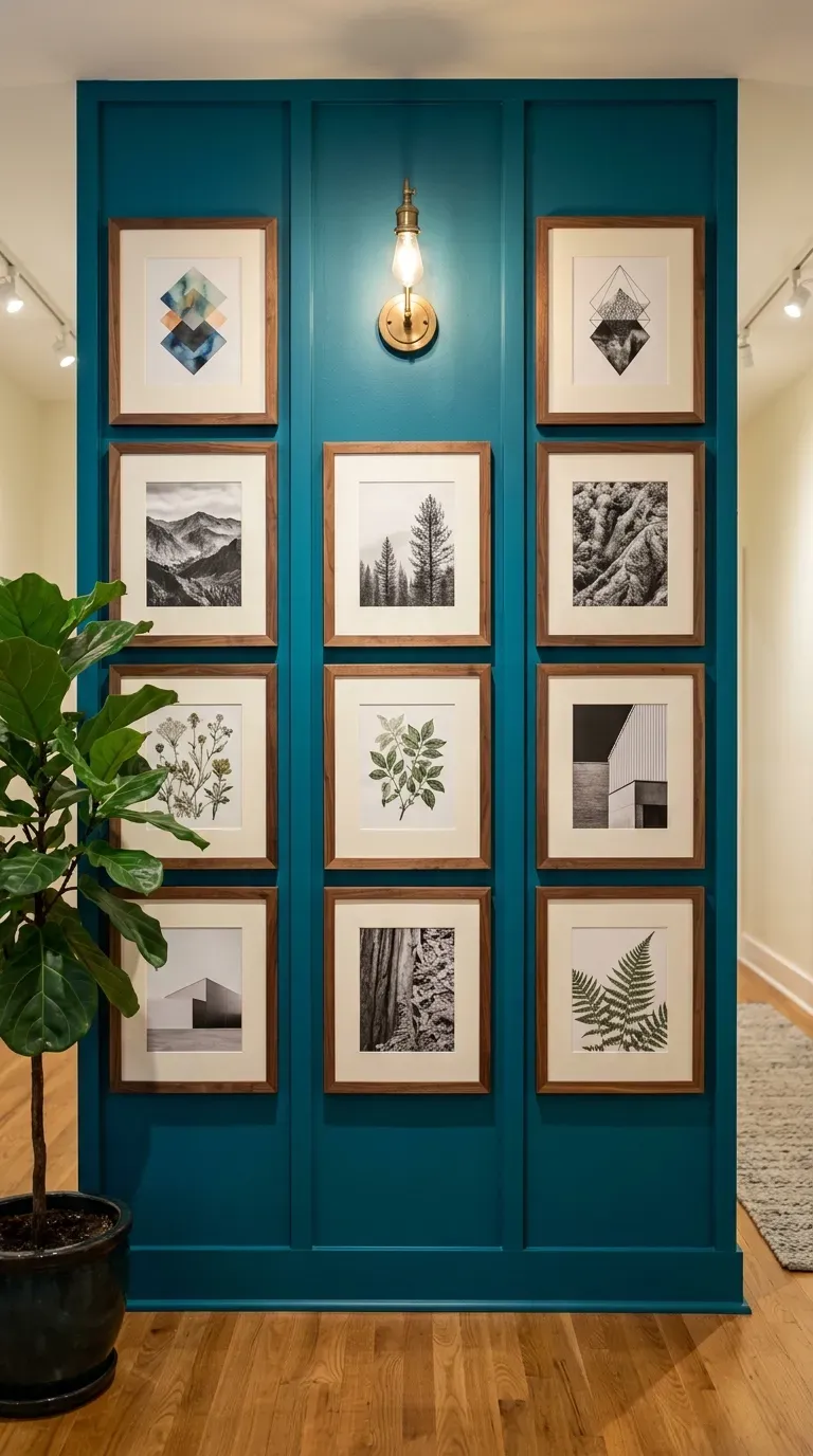 Teal board and batten wall displaying art in walnut frames