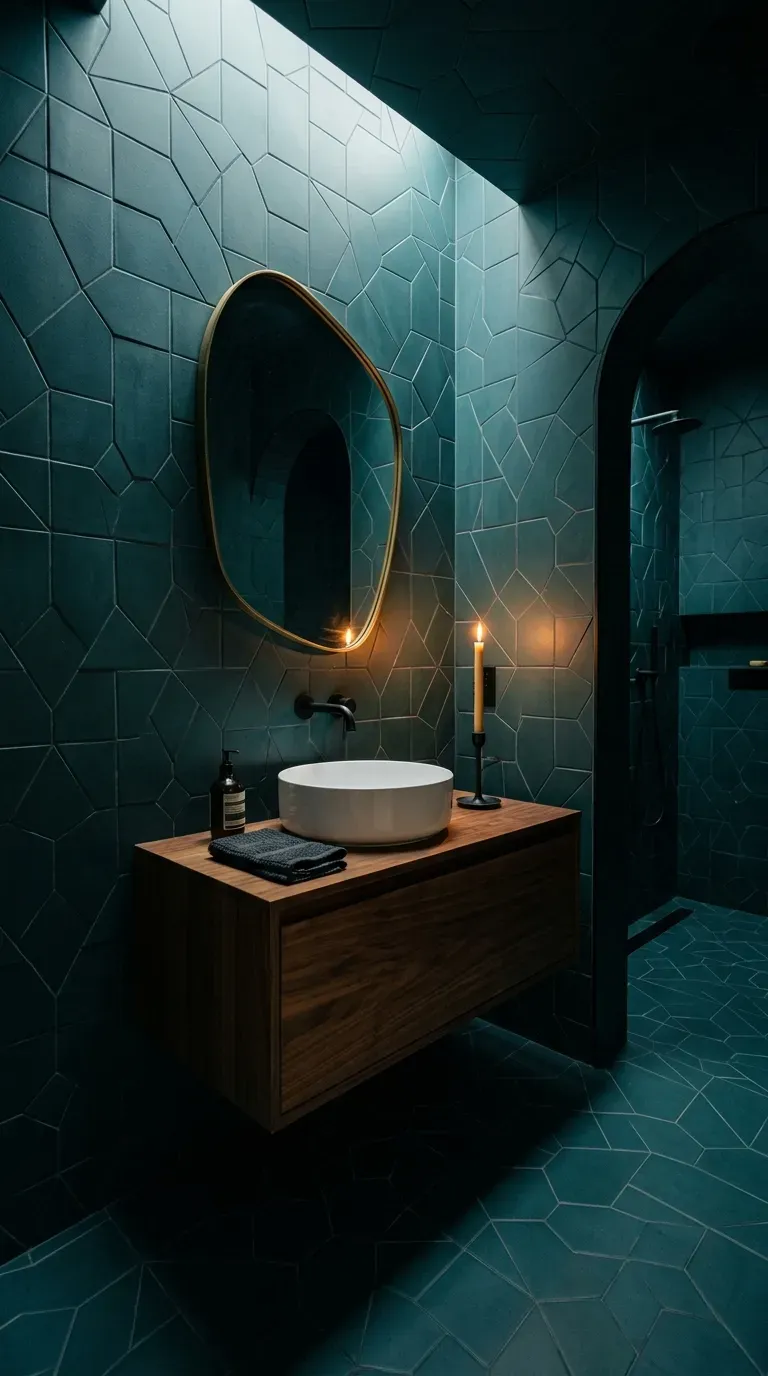 15 Genius Blue Tile Bathrooms You Need to Try 5 Immersive bathroom wrapped in dark teal geometric tiles