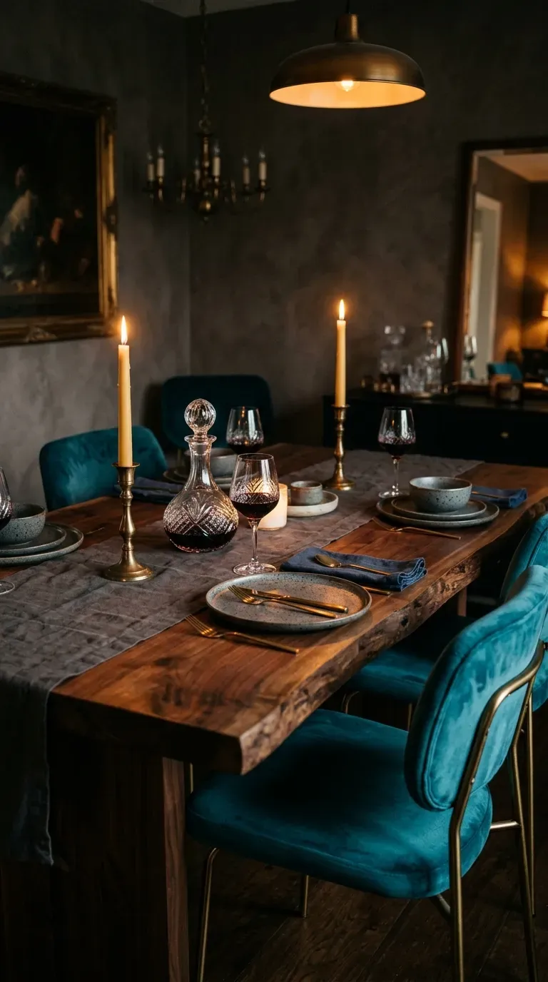 Plush teal velvet dining chairs around a solid walnut table