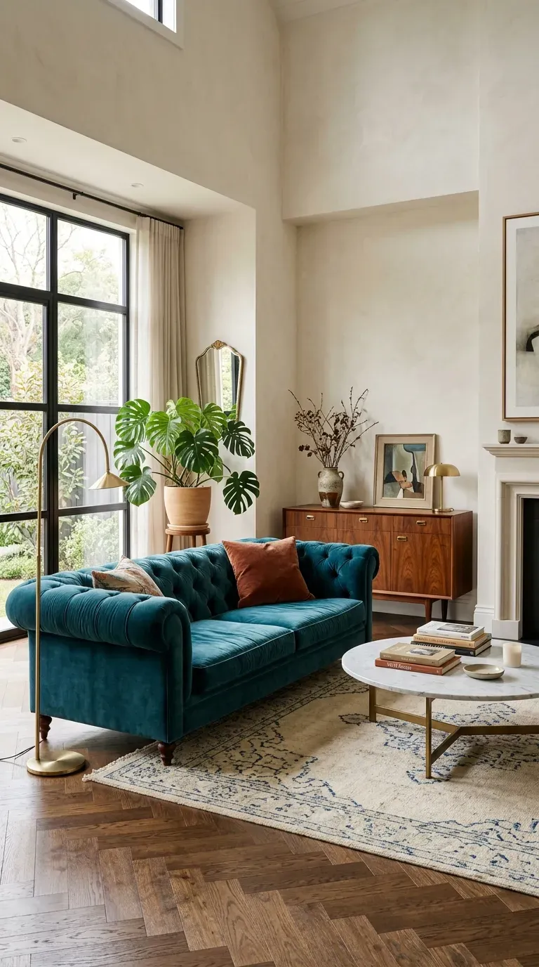 Deep teal velvet sofa paired with a walnut mid-century credenza