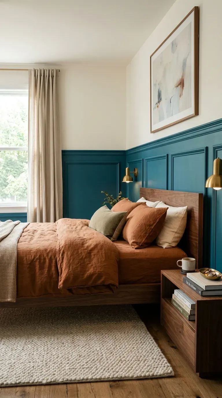 Dark teal wainscoting behind a modern walnut platform bed