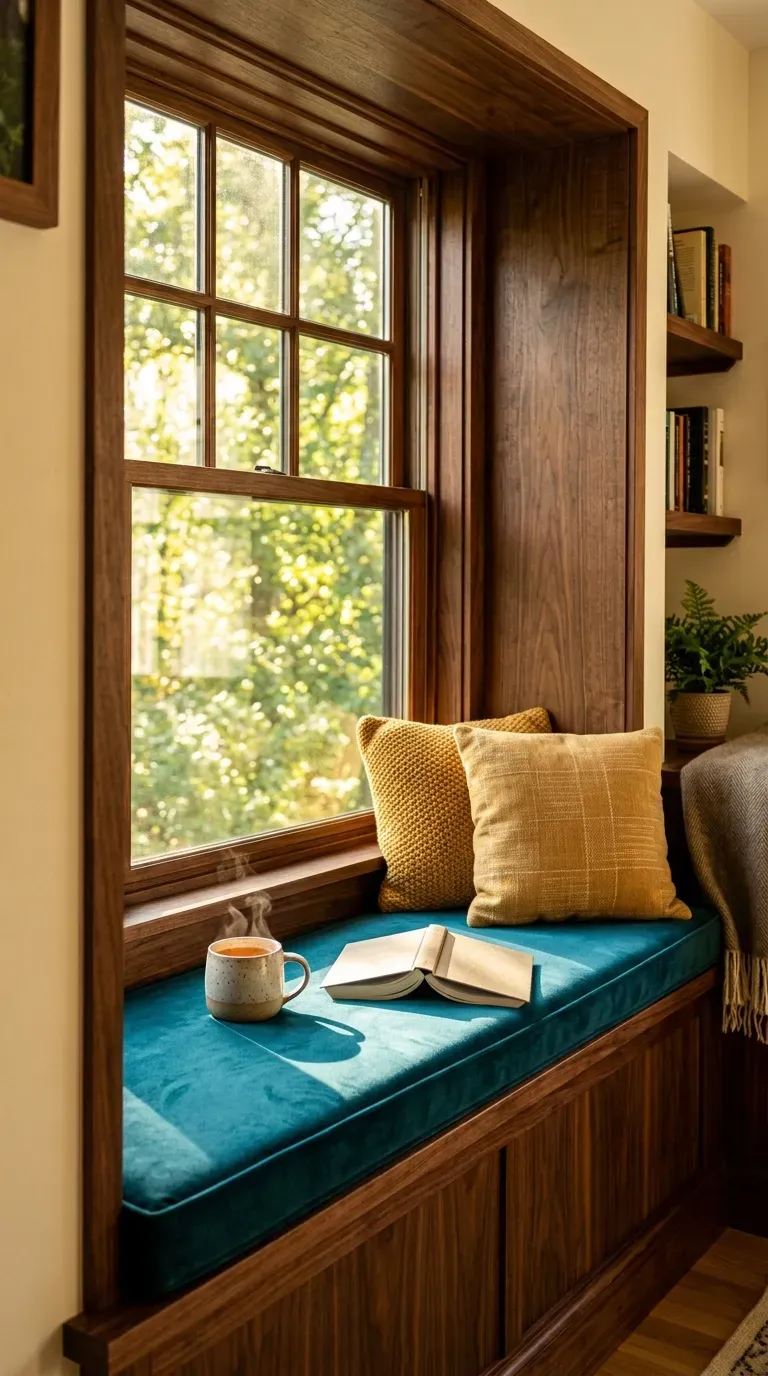 Cozy walnut window nook with a plush teal velvet cushion
