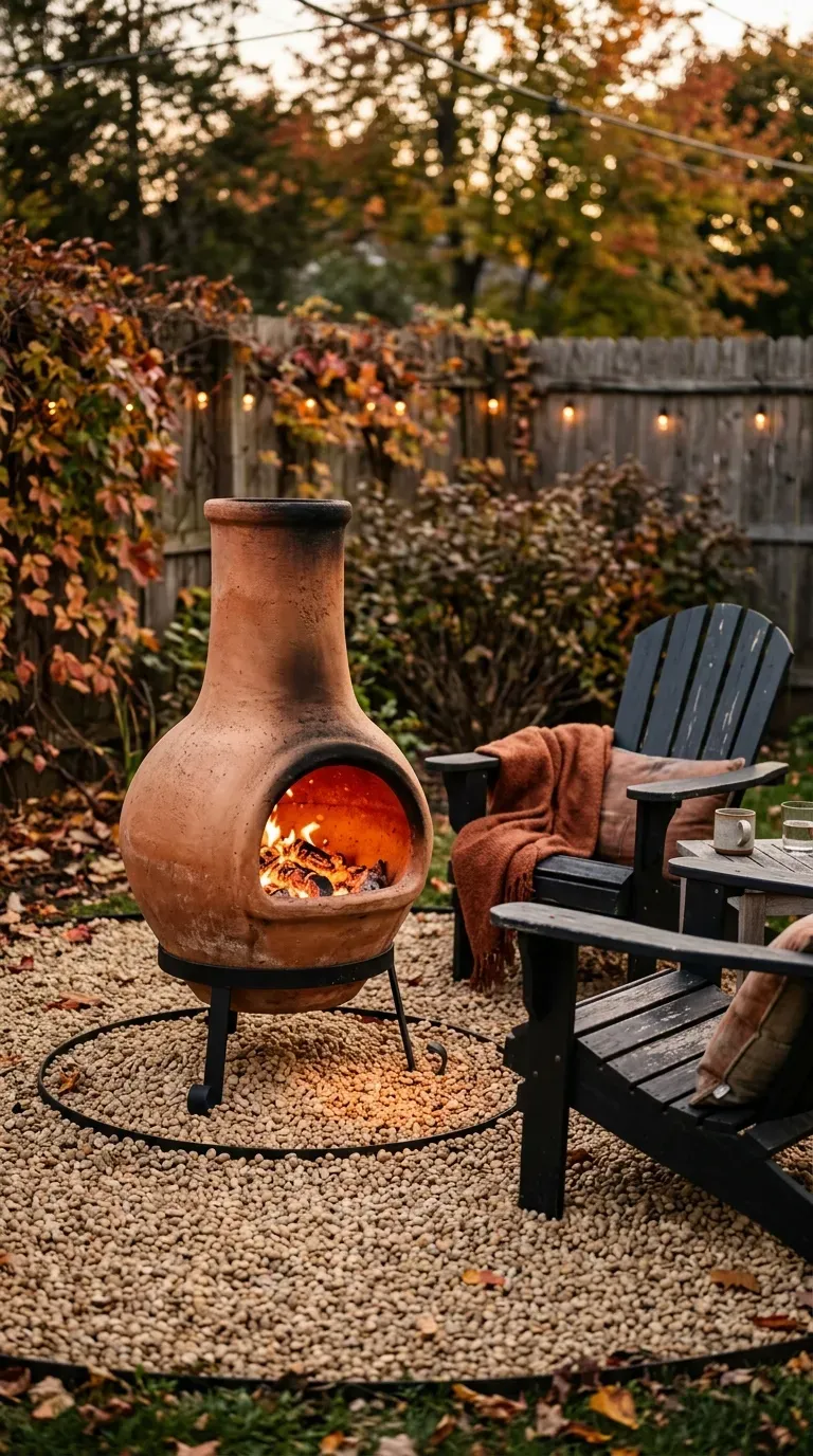 traditional terracotta clay chiminea burning warmly on a pea gravel patio pad