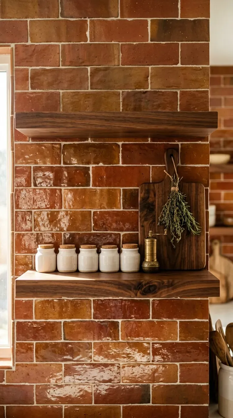 10 Modern Kitchen Color Ideas That Are Trending for 2026 5 full height terracotta clay tile accent wall with floating dark walnut wood shelves