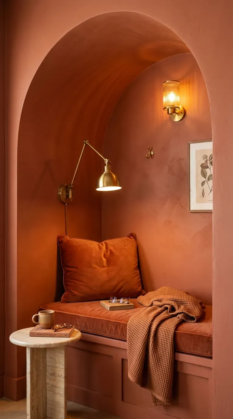11 Cozy Color Drenched Interior Ideas for Small Spaces 3 small reading nook alcove drenched in warm terracotta paint with built-in bench