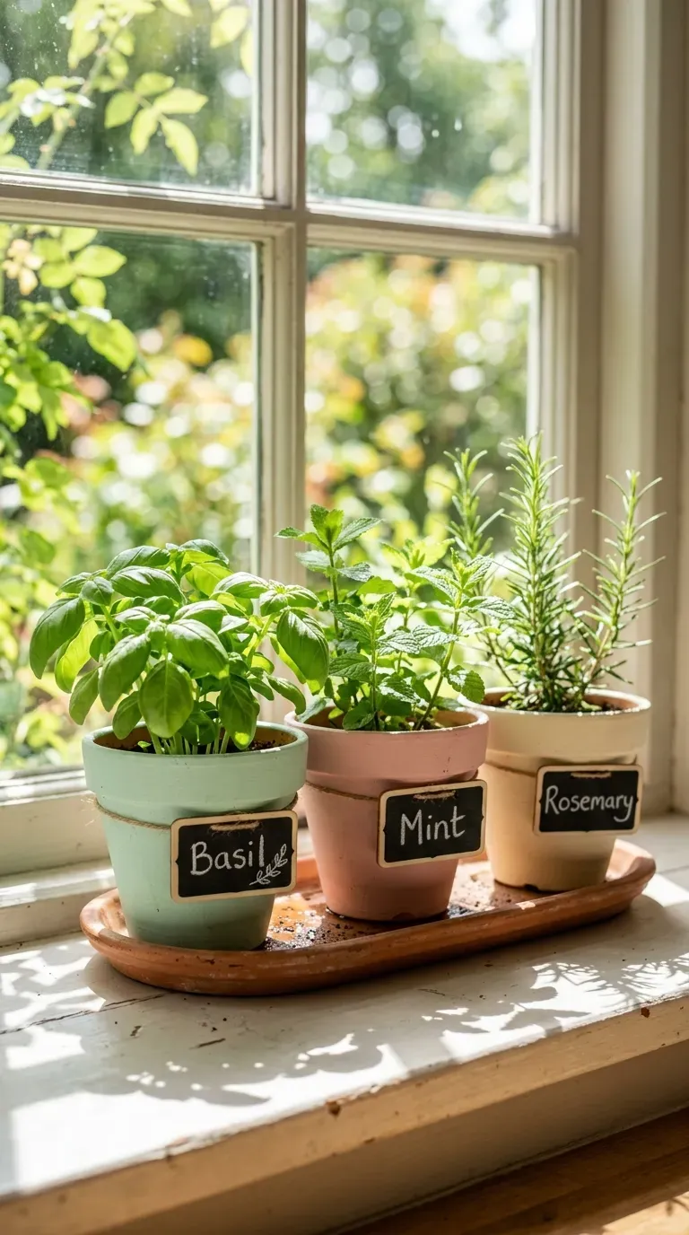 trio of pastel painted terracotta herb pots with chalkboard labels on a sunny windowsill