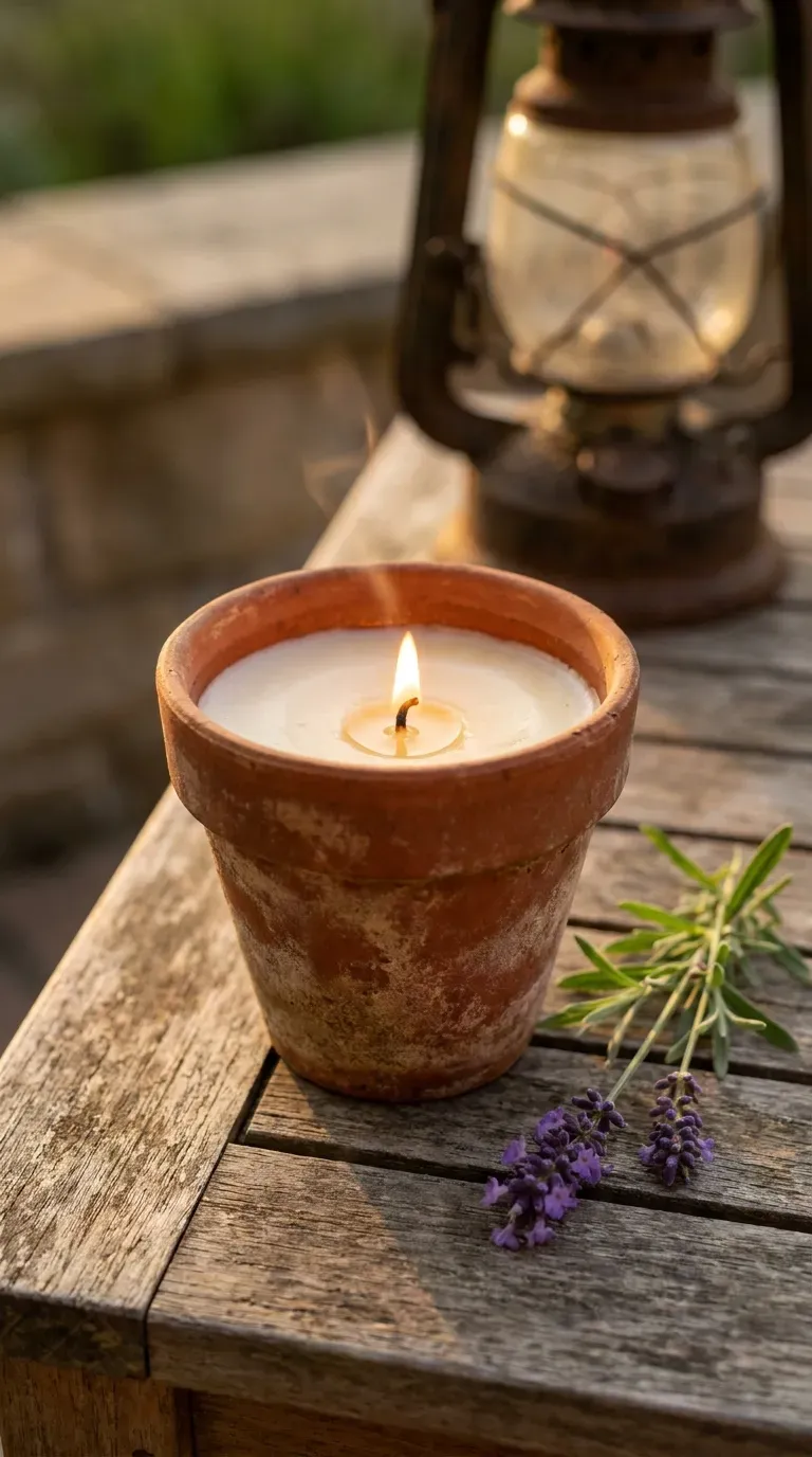 10 Modern DIY Soy Candle Ideas That Are Big in 2026 7 terracotta pot soy candle with burning wick styled on an outdoor patio dining table