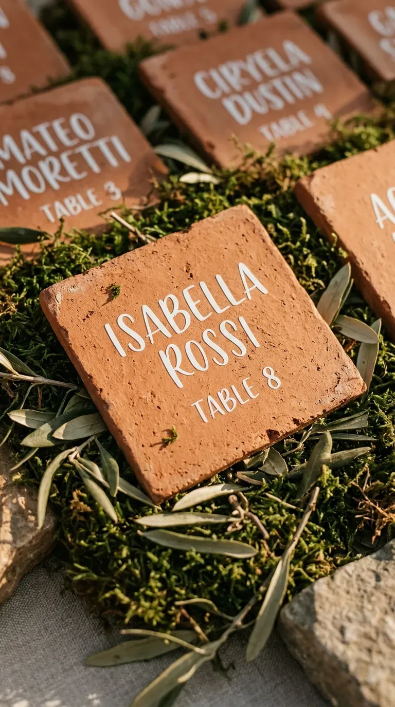 11 Gorgeous Wedding Cricut Projects You'll Want to Copy 10 natural terracotta clay tile escort card with crisp white vinyl calligraphy on moss