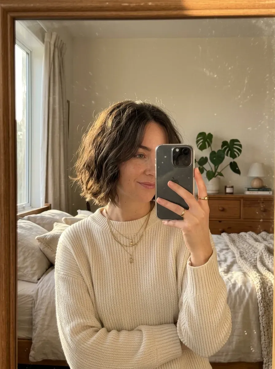 Woman taking an iPhone mirror selfie showing a textured bob lace frontal with soft tousled waves.