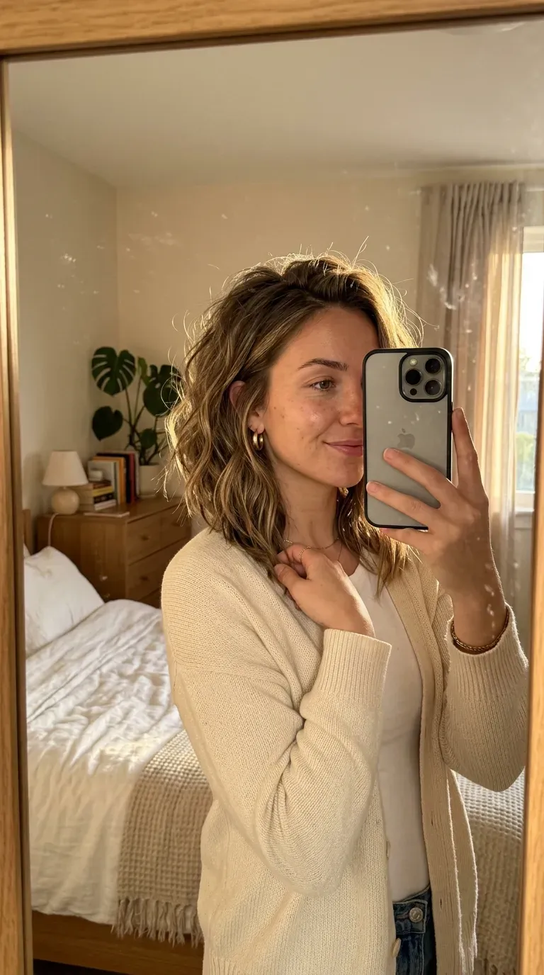 Woman taking an iPhone mirror selfie showing a textured long angled bob with tousled ends and natural movement.