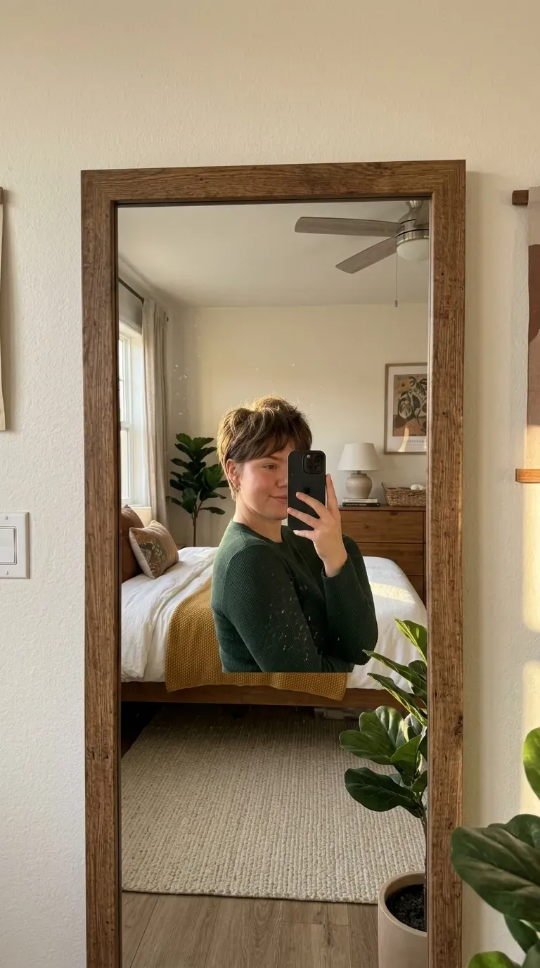 Woman taking an iPhone mirror selfie showing a textured pixie cut with lifted crown and soft layers.