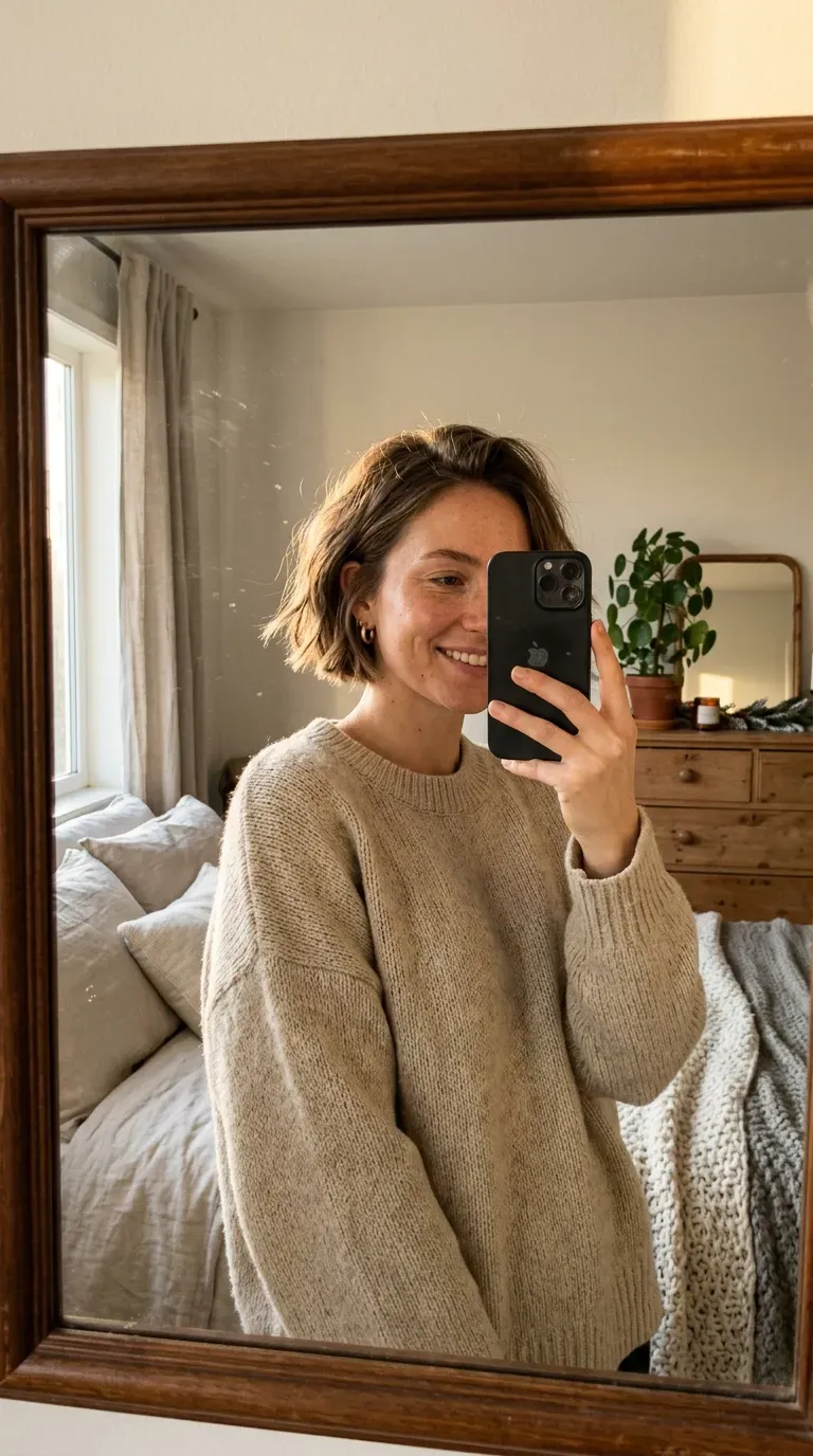 11 Winter Hairstyles for Women That Look Cozy, Chic, and Stylish 8 Woman taking an iPhone mirror selfie showing a textured short bob with soft winter volume.