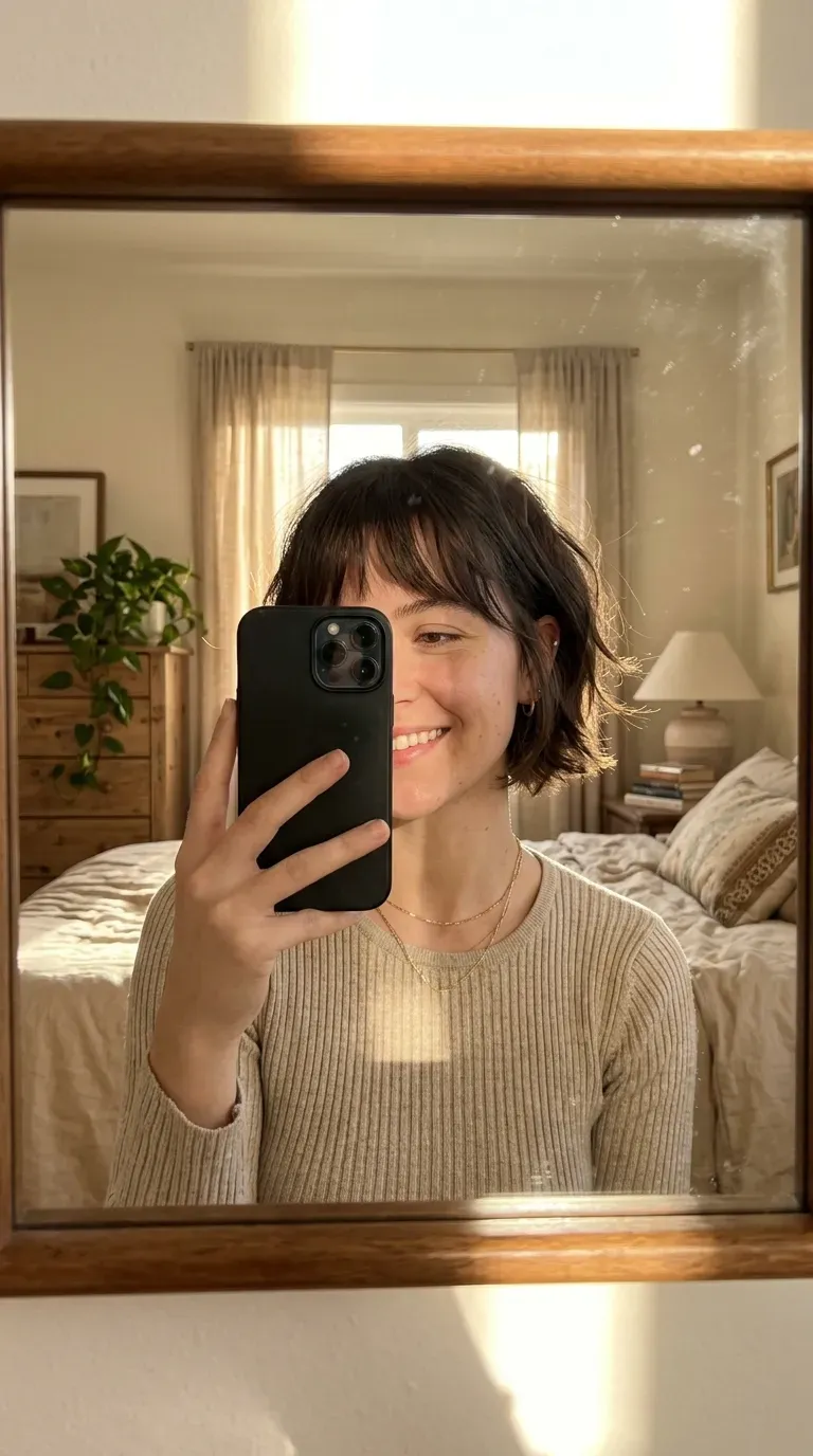 Woman taking an iPhone mirror selfie showing a textured short bob with airy wispy bangs.