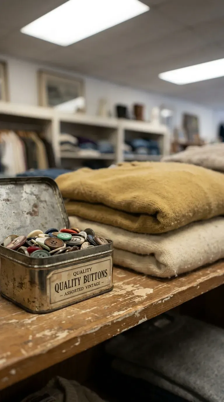 13 Craft Outing Ideas Every Maker Will Love 9 vintage buttons and folded sweaters displayed on a thrift store shelf