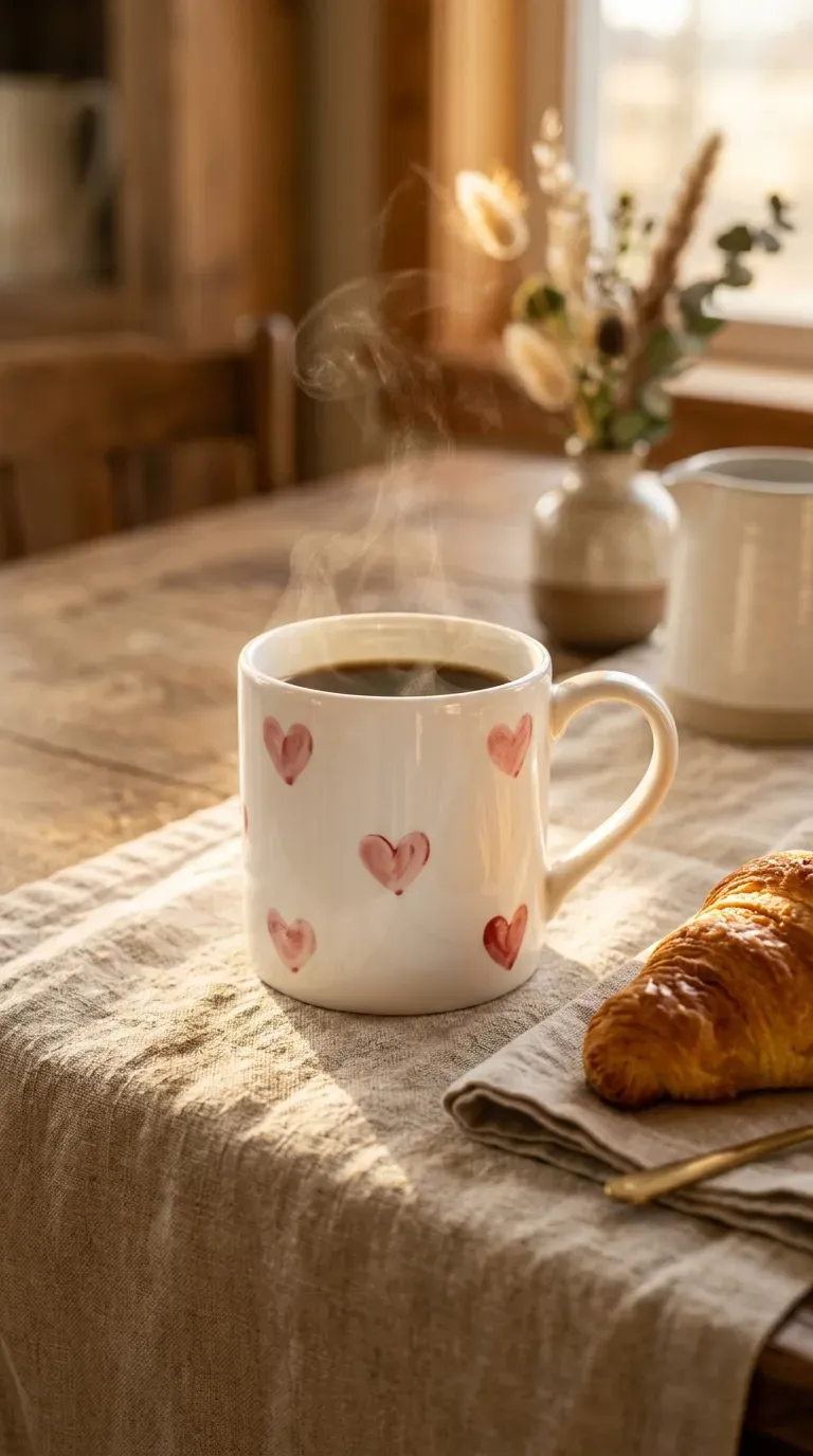 white ceramic coffee mug with pastel thumbprint heart design on a breakfast tray