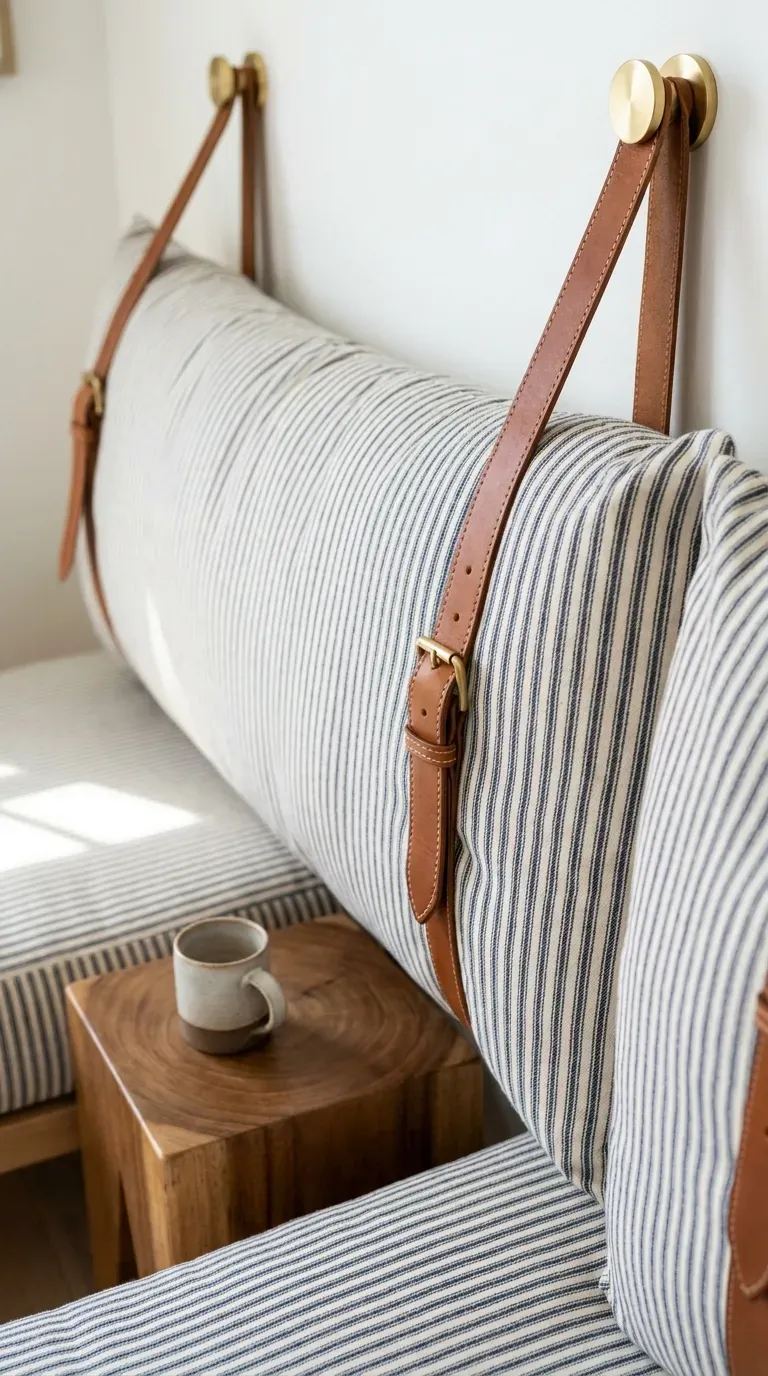 navy ticking stripe daybed with back cushion suspended by cognac leather wall straps