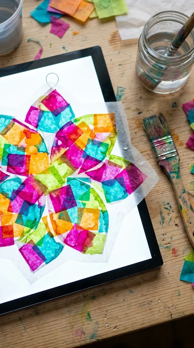 stained glass style tissue paper bleeding mosaic suncatcher in flower shape