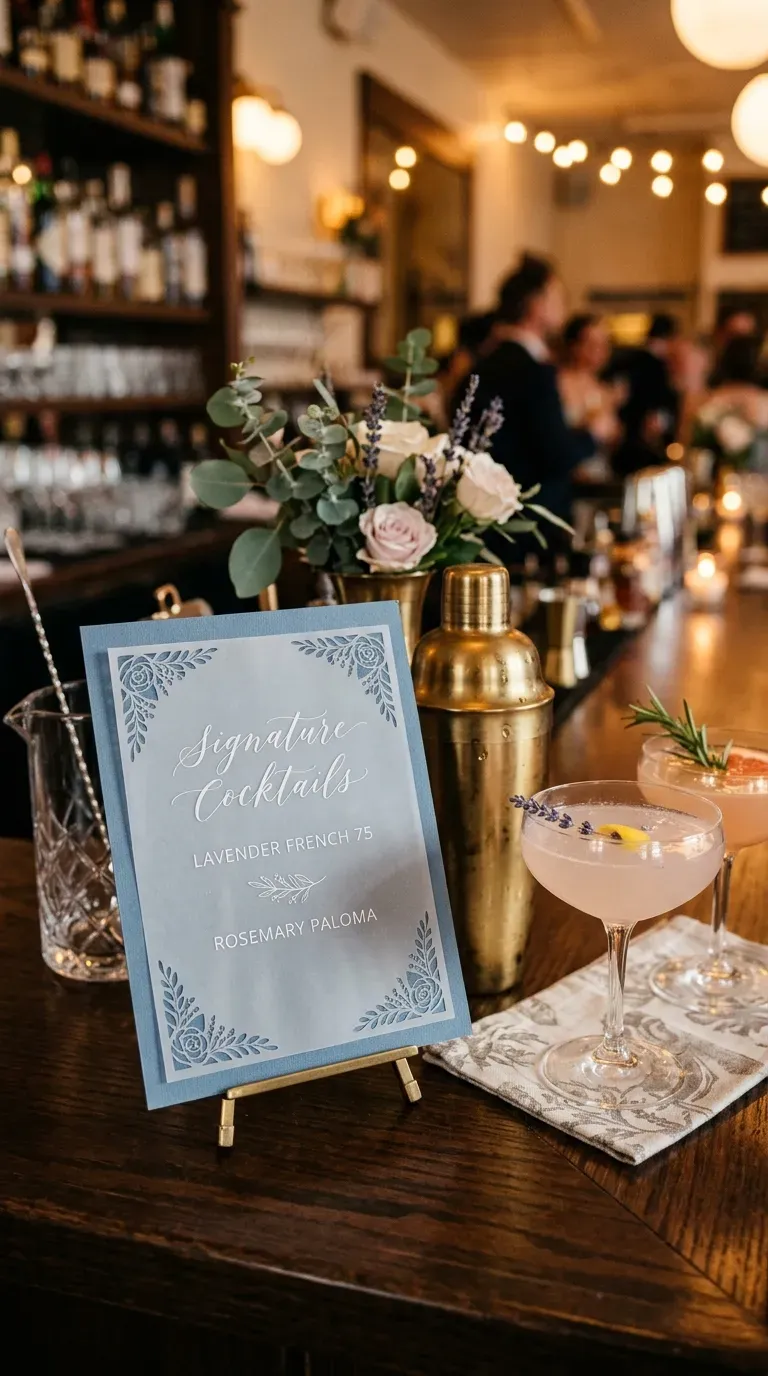 11 Gorgeous Wedding Cricut Projects You'll Want to Copy 9 translucent vellum cocktail menu with scalloped cutout corners on a bar counter
