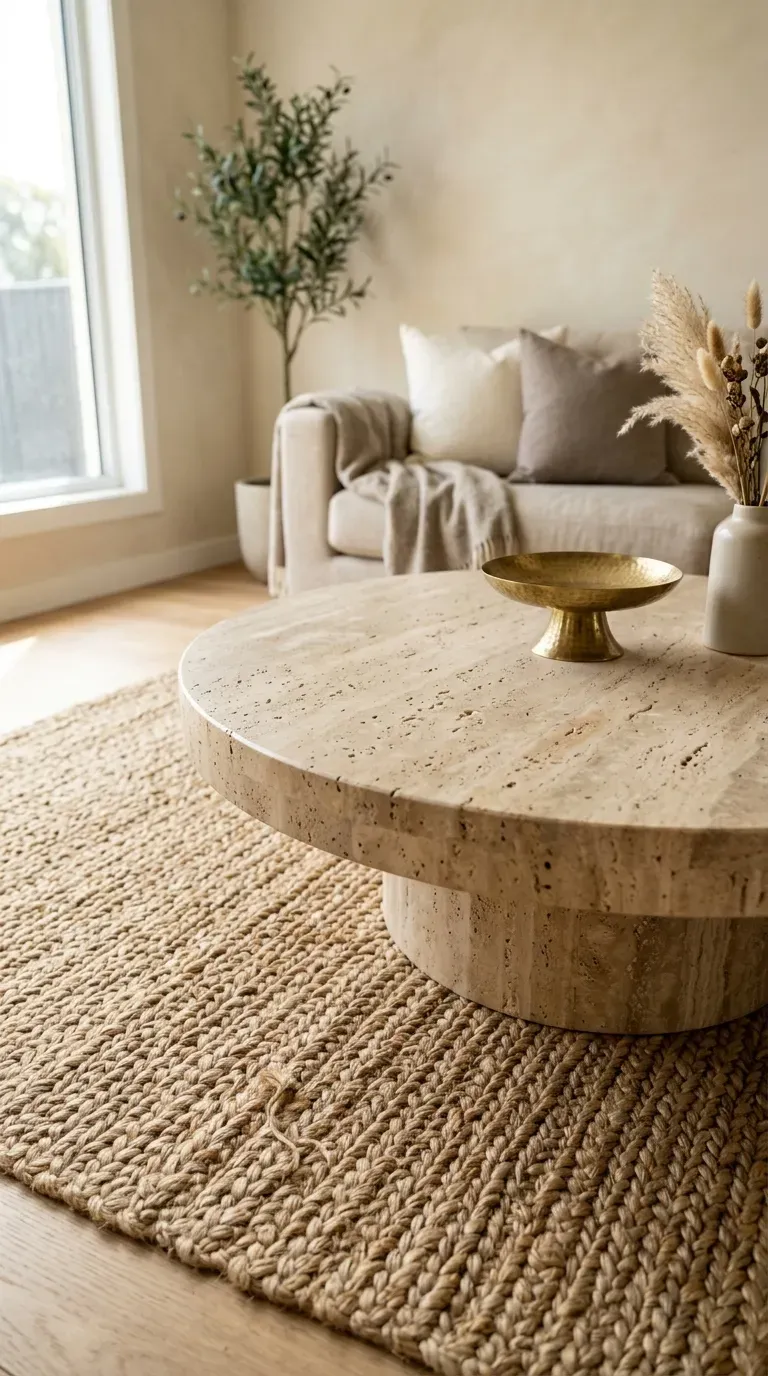 honed beige travertine stone coffee table sitting on a thick braided natural jute rug
