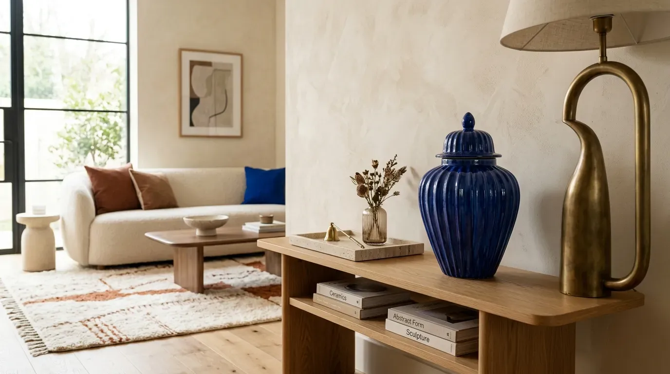 modern living room styled with a sculptural brass floor lamp and cobalt ceramic urn
