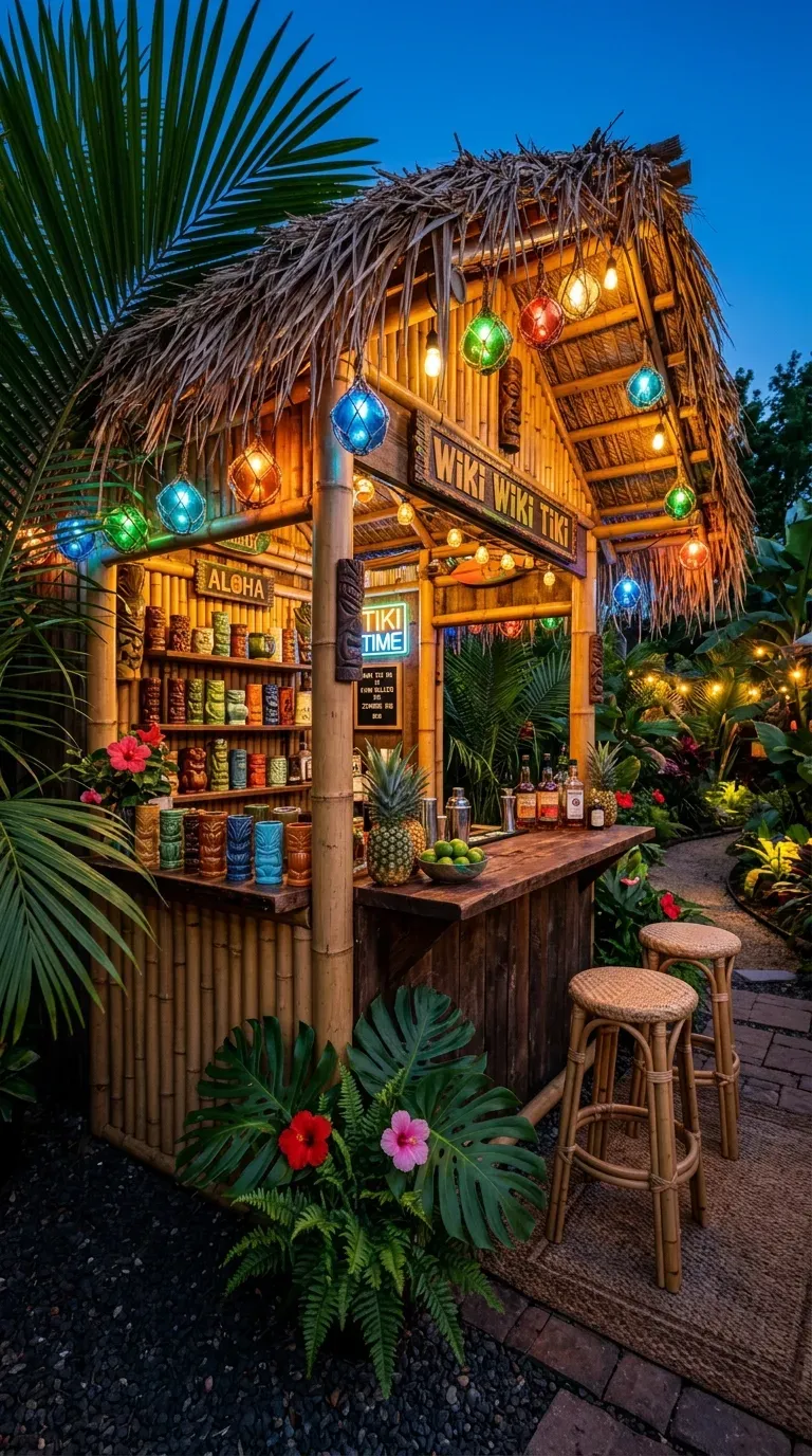 12 Aesthetic Backyard Pub Shed Ideas to Transform Your Yard 7 Vibrant tiki bar shed with bamboo walls and colorful tropical lighting