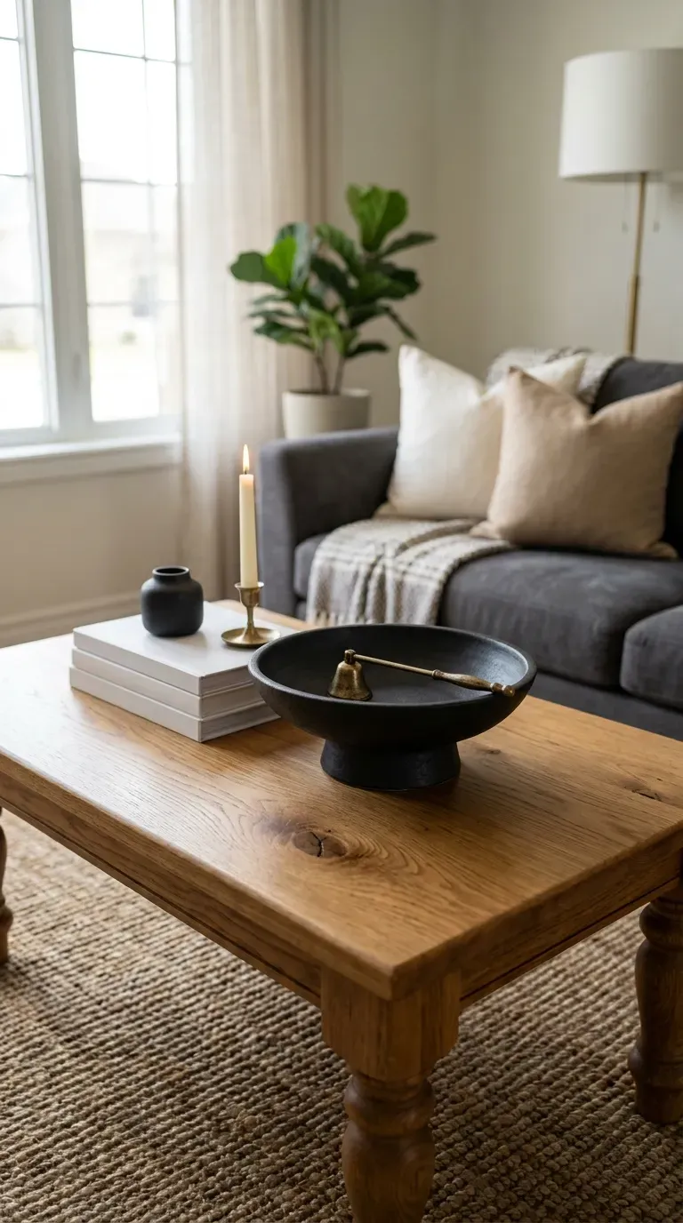 traditional turned leg wood coffee table styled with matte black contemporary accessories