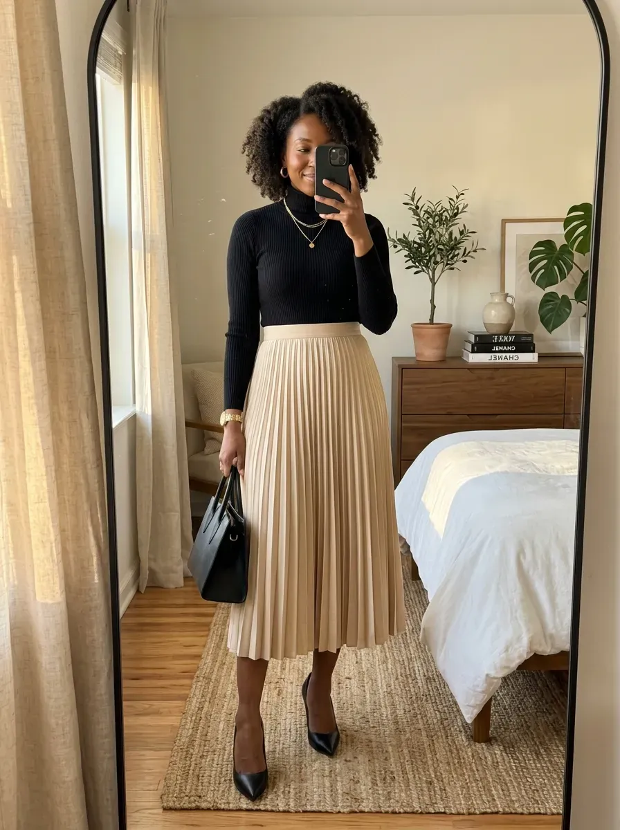 Black woman wearing a turtleneck with pleated midi skirt for a refined classy outfit.