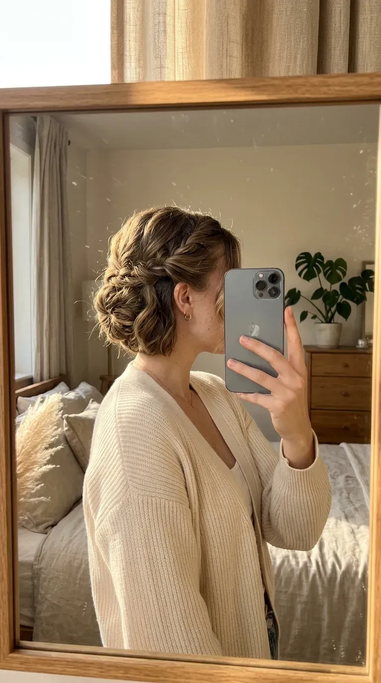 Woman taking an iPhone mirror selfie showing a romantic twisted side updo with soft textured short hair.