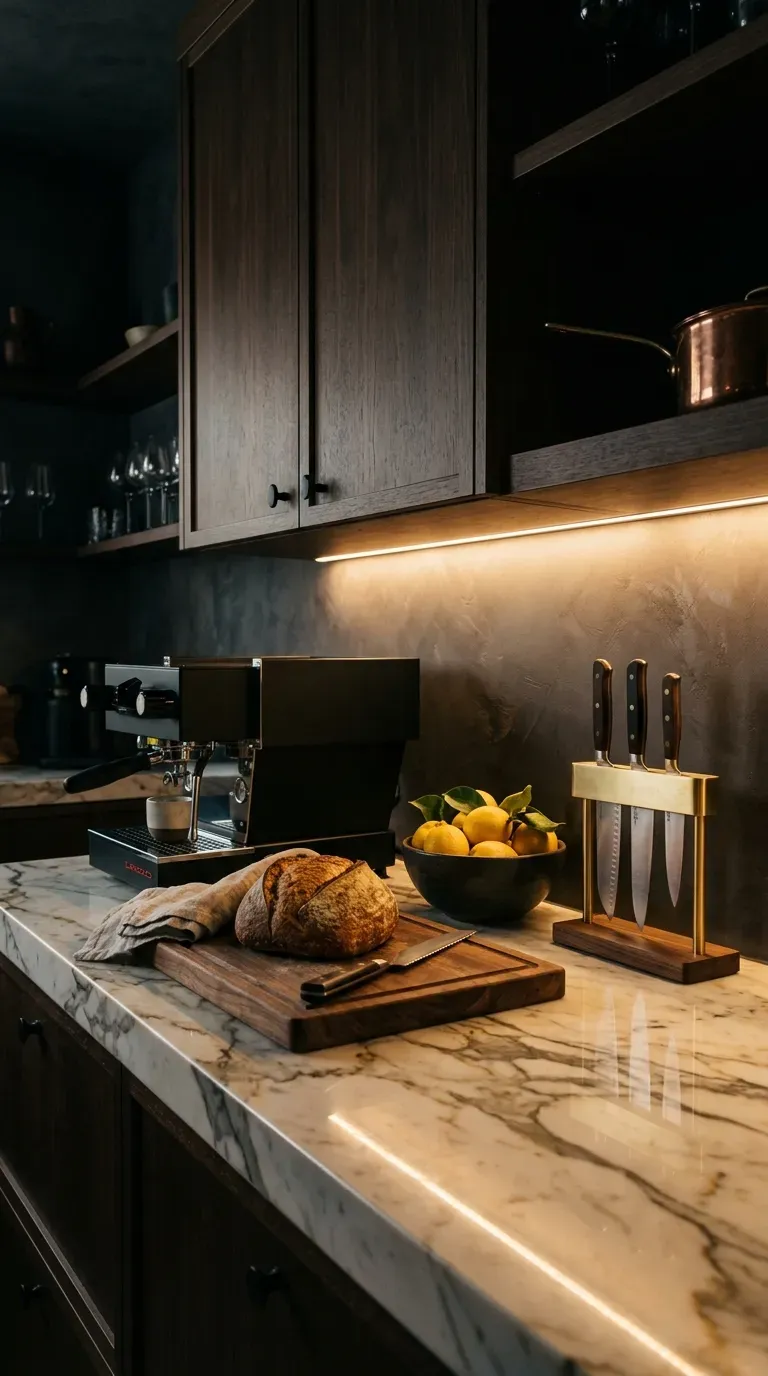 Dark modern kitchen glowing with warm under-cabinet LED strip lights