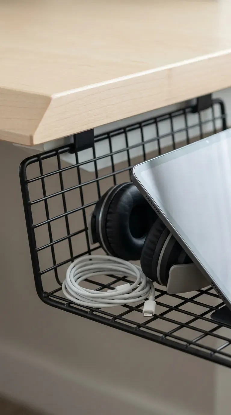 13 Genius Homeschool Room Ideas You Will Want to Copy ASAP 13 under desk wire basket organizer holding a charging educational tablet and headphones