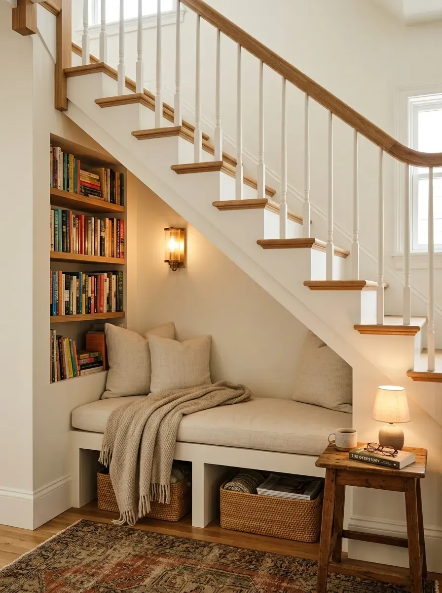 Cozy reading nook under staircase with built-in bench bookshelves cushions and warm lighting.