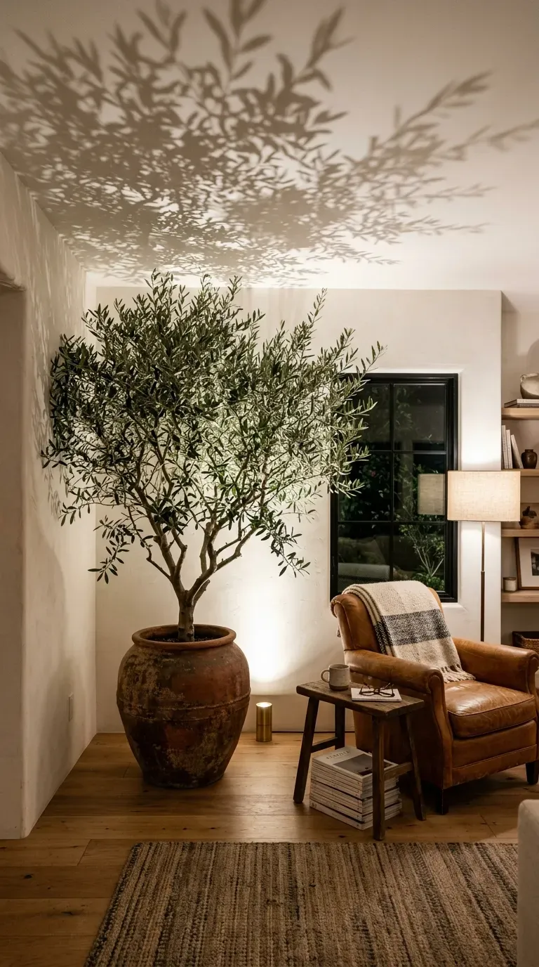 Small brass uplight illuminating a large indoor olive tree