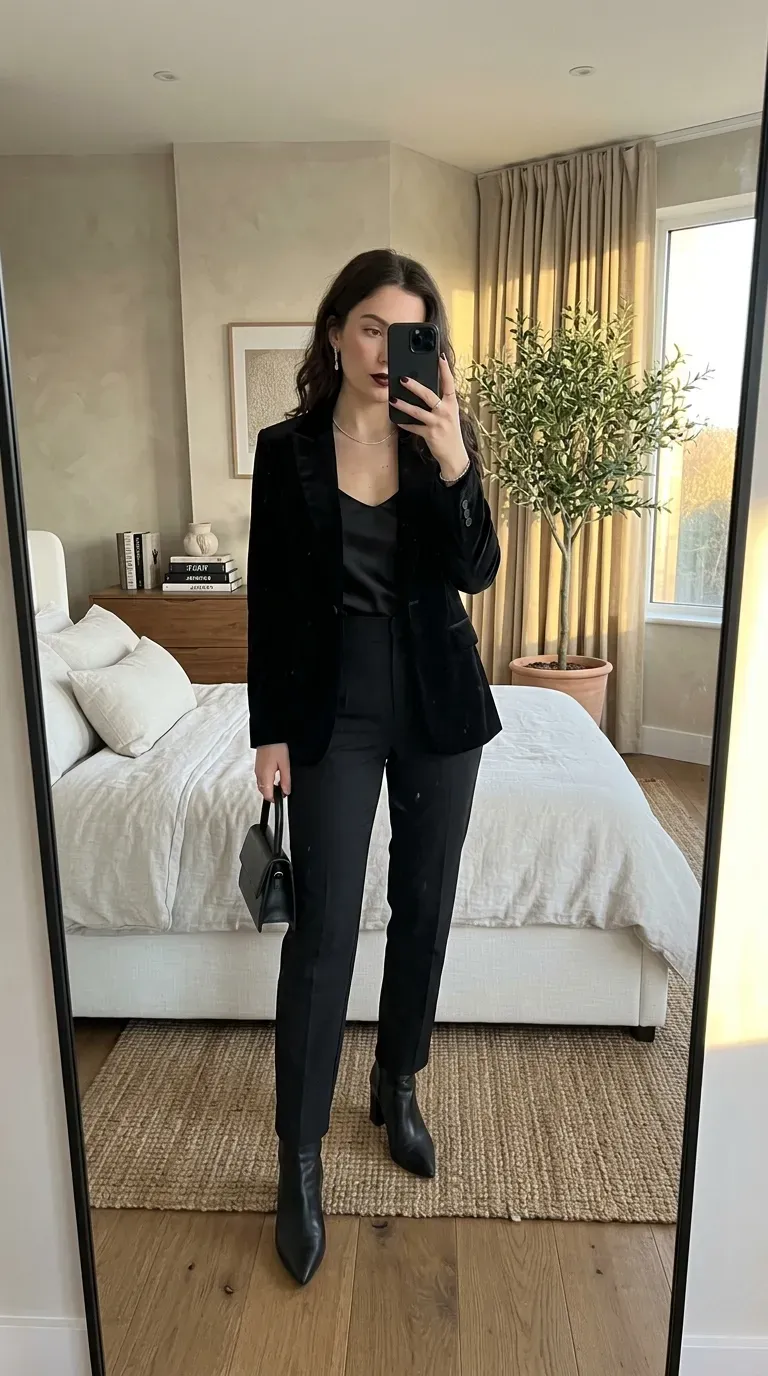 Woman wearing sophisticated vampire-inspired black outfit with boots and dramatic accessories.