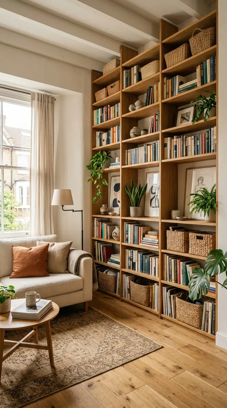 Small apartment with tall shelving reaching toward the ceiling and organized decorative storage.