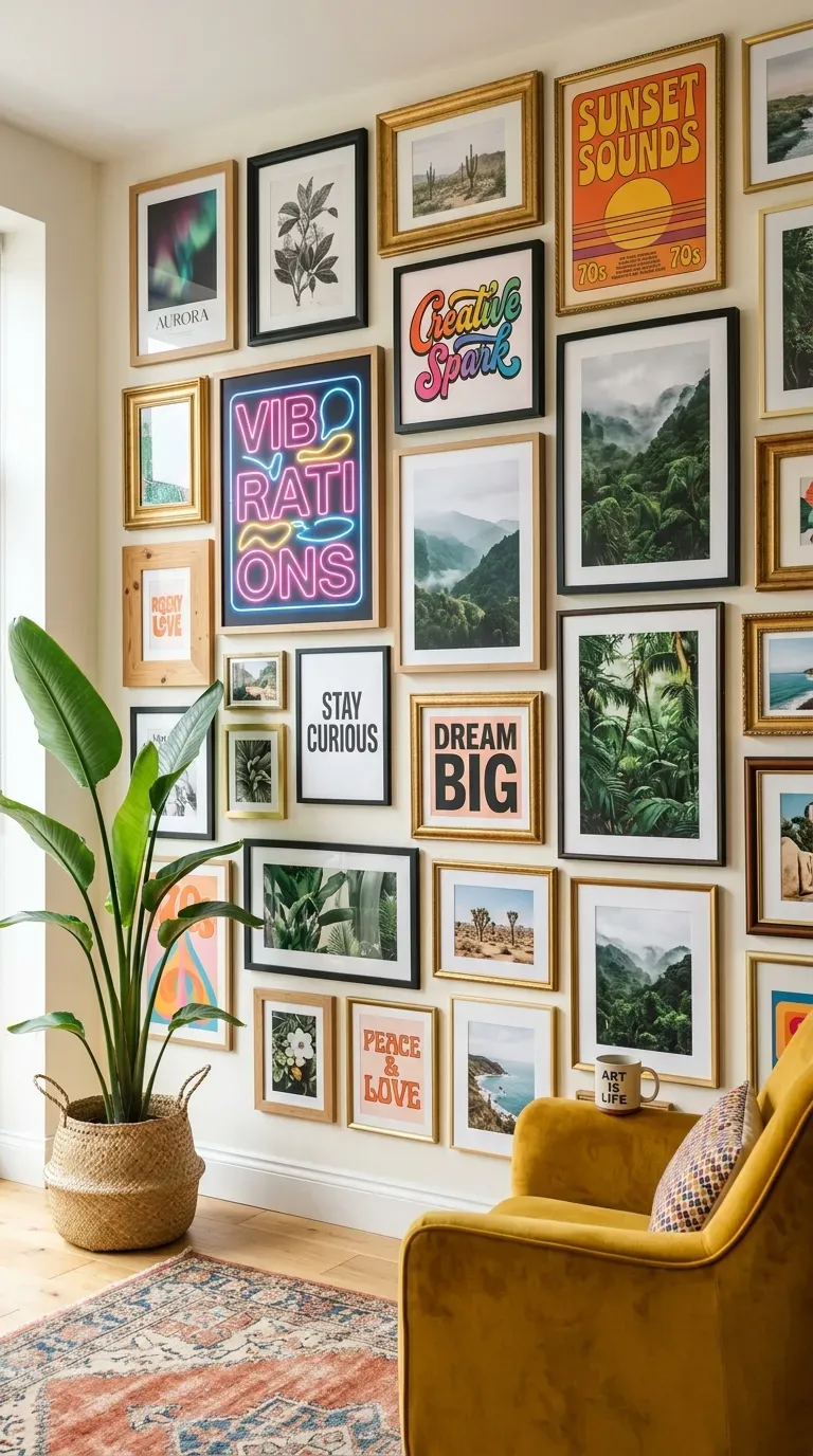 Eclectic gallery wall filled with bright, colorful abstract art prints