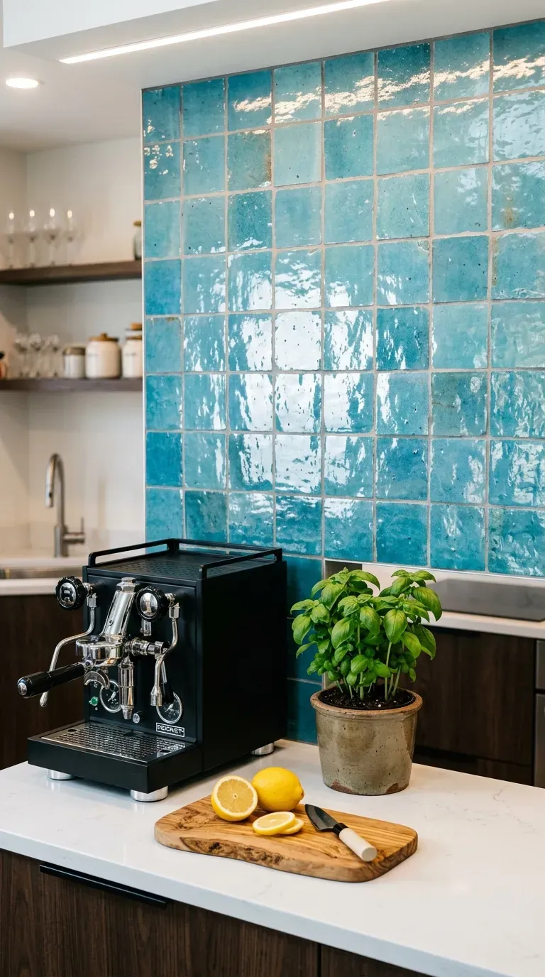 Vibrant turquoise zellige tile backsplash in a modern white kitchen